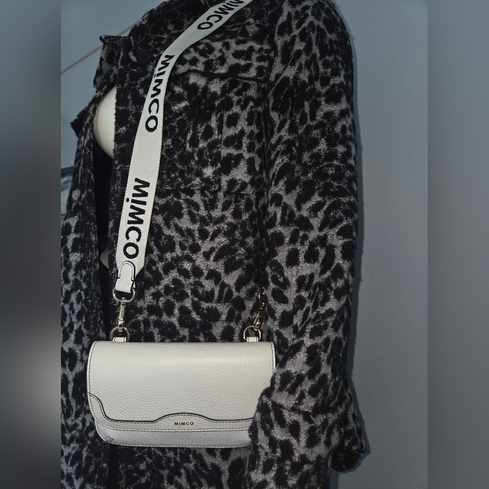 RARE Mimco White Pebbled Leather Fabric Strap Crossbody Belt Bag Purse